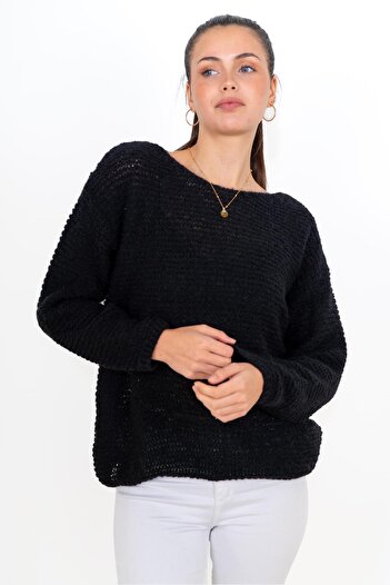 CHUBA Women's Textured Soft Button Alpaca Wool Boat Neck Knitwear Sweater Black 24W143