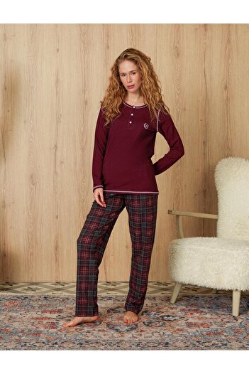 Doreanse Women's Plaid Patterned Burgundy T-Shirt Pajama Set 4174