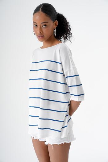 CHUBA Women's Crew Neck Oversize Short Sleeve Striped Knitwear Sweater White-Navy 24S151