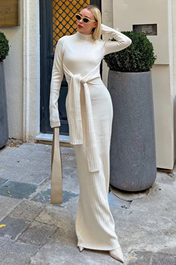 Swist Rochie midi de damă, tricotaje, cu guler vertical cu dantelă bej