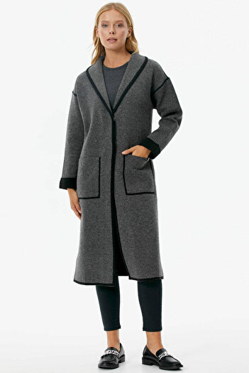 Sementa Shawl Collar Snap Fastener Long Knitwear Cardigan - Dark Gray - Black