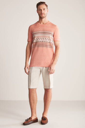 Hemington Linen Cotton Blend Ethnic Pattern Orange Knitwear T-Shirt