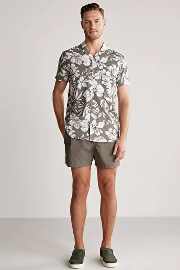 Hemington Floral Print Linen Cotton Blended Khaki Shirt
