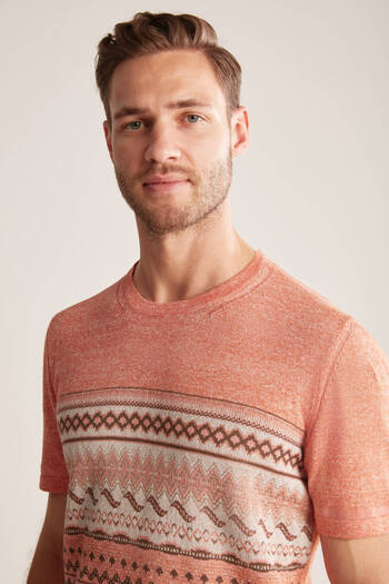 Hemington Linen Cotton Blend Ethnic Pattern Orange Knitwear T-Shirt