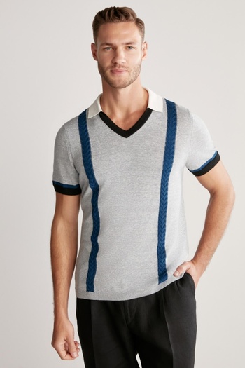 Hemington Linen Cotton Blend Pattern Blue Knitwear Polo