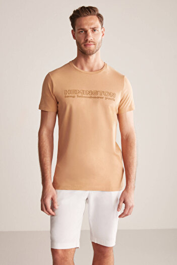 Hemington Embossed Printed Sand Color Pima Cotton T-Shirt