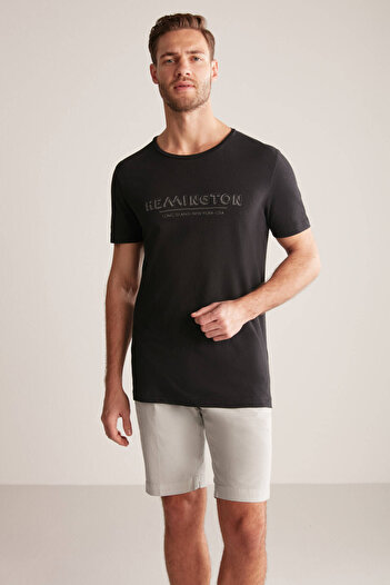 Hemington Baskılı Keten Pamuk Karışım Siyah T-shirt