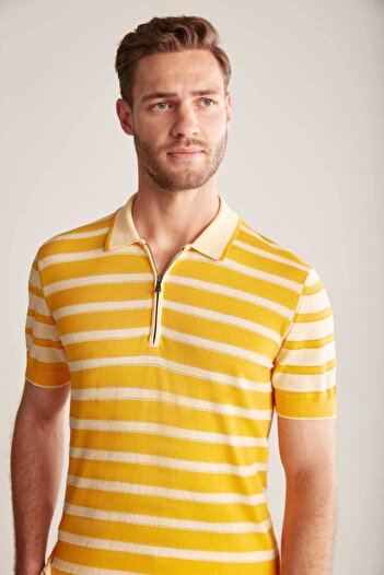 Hemington Zipper Detailed Stripe Pattern Yellow Knitwear Polo