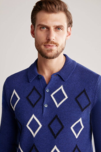 Hemington Baklava Desen Polo Yaka Lambswool İndigo Mavi Kazak
