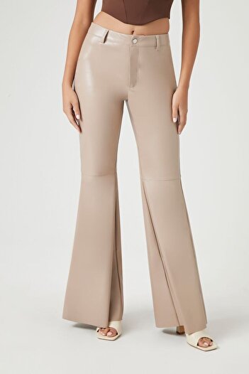 Forever 21 Suni Deri Mid-Rise Flare Pantolon