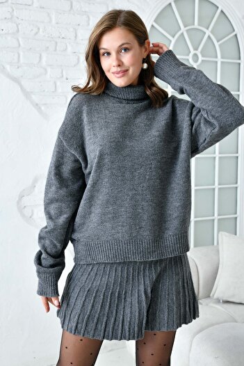 WOMAN VISION Gray knitwear Oversize Set - Turtleneck Sweater and Mini Skirt 9903