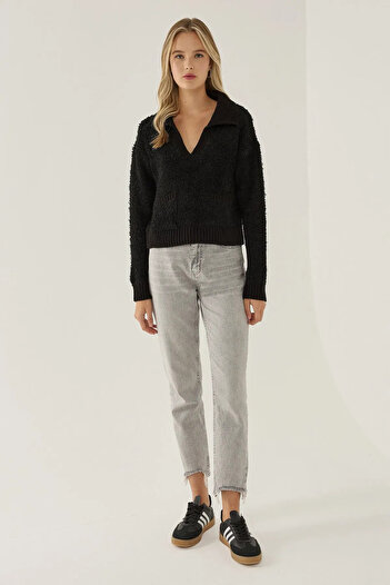 Hiccup Pocket Detailed Shirt Collar Short Sweater