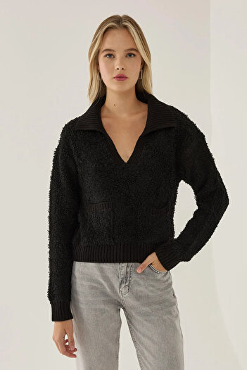 Hiccup Pocket Detailed Shirt Collar Short Sweater