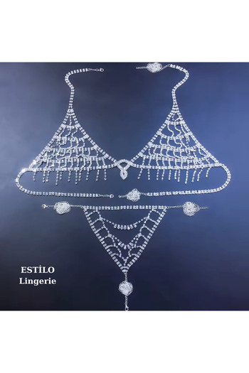 Estilo Lingerie Luxury Waterway Body Jewelry with Rhinestones, Bikini with Rhinestones, Bra Panties with Rhinestones, Fancy Underwear Set