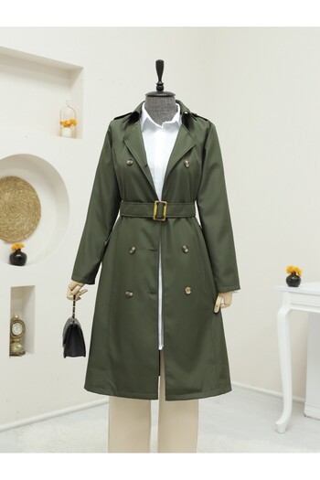 Modamorfo Intermediate Trench Coat with Buttoned Belt - Khaki