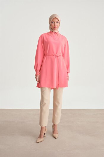 Armine Dantel Ribanalı Tunik 24y4006 Koyu Pembe
