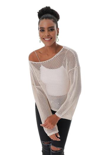CHUBA Women's Mesh Knitted Cotton Bolero Knitwear Sweater Beige 23s1006