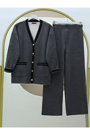 Modamorfo Metal Buttoned Pocketed Knitwear Cardigan Double Set - Smoked