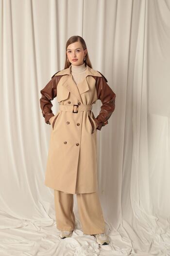 FTT SHOPPING MARKET Women's Beige Trencoat with Woven Fabric Leather Garnish
