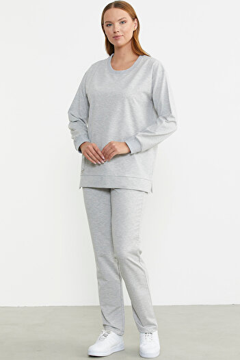 Sementa Gray Tracksuit Set - Stone Detailed, Crew Neck