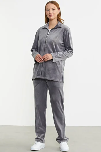 Sementa Gray Velvet Tunic and Tracksuit Set - Zippered