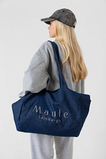 Maule Geantă de umăr pentru femei, 100% bumbac, indigo, mărime medie, cu detaliu de broderie albastră