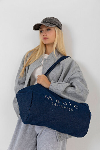 Maule Mavi Nakış Detaylı Ortaboy %100 Pamuk Indigo Kadın Omuz Çantası Tote Bag
