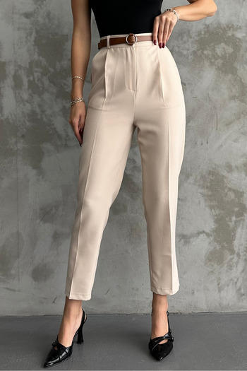 macharel jeans Γυναικεία Skinny Leg Πλισέ Ζώνη Εποχιακά Υφασμάτινα Παντελόνια Κρέμα