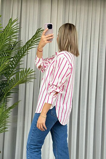 Kubos Moda Cămașă albă modal cu dungi fucsia