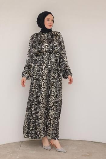 Armine Trend Leopard Patterned Dress with Belt Black 24Kt904