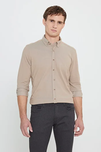 ALTINYILDIZ CLASSICS Cotton Knitted Slim Fit Slim Fit Button Collar Light Blue Shirt