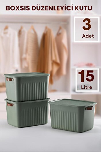 Bayev Boxs 3 Pieces Green 15 Lt Organizer Box with Lid Storage Decorative In-Cabinet Organizer