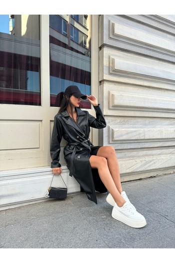 minaaise Black Double Breasted Closure Leather Trench Coat 26069