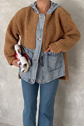 FEMELLE Women's Tan Snap Button Jeans Garnished Hooded Plush Jacket
