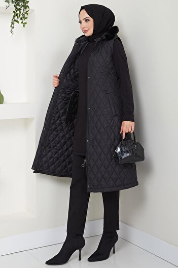 hafsamina Black Quilted Hooded Vest - Hm2539