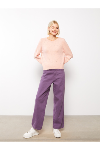 LC Waikiki Damen-Strickpullover mit Rundhalsausschnitt und Steindruck