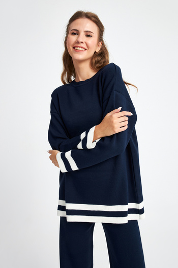 Ecrou Women's Navy Blue Bicycle Collar Striped Trousers Knitwear Set