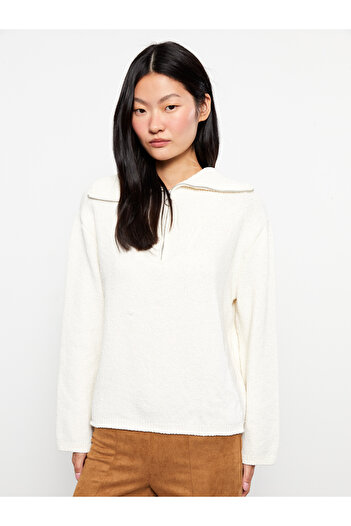 LC Waikiki Women's Knitwear Sweater - Polo Collar, Solid, Long Sleeve
