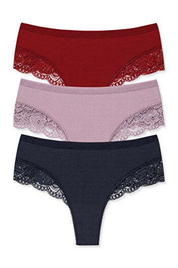 HNX 3-Piece Interlock Elastic Waist Lace Women's Thong Panties