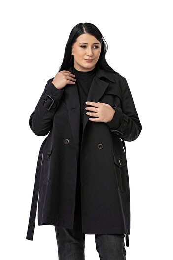 DISENTIS MODEST Plus Size Double-Breasted Sleeve Band Detailed Pocket Belted Lined Black Trench Coat