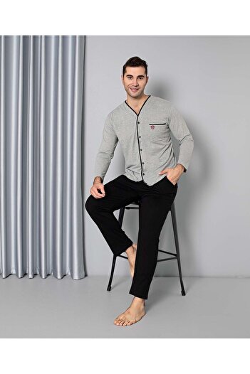 bie's Gray Black V-Neck Front Buttoned Shirt Collar Chest Pocket Viscose Cotton Seasonal Long Sleeve Pajamas Set