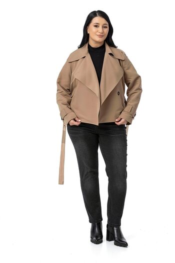 DISENTIS MODEST Large Size Mono Collar Belted Lined Short Mink Trench Coat