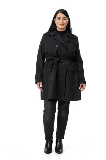 DISENTIS MODEST Plus Size Double-Breasted Sleeve Band Detailed Pocket Belted Lined Black Trench Coat