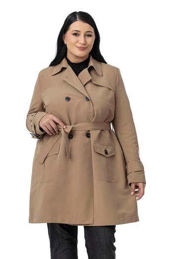 DISENTIS MODEST Plus Size Double-Breasted Sleeve Band Detailed Pocket Belted Lined Mink Trench Coat