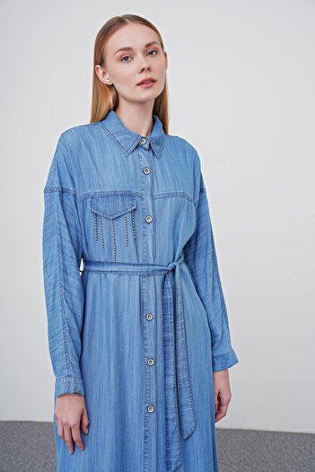 Zühre Denim Gömlek Yaka Beli Kuşaklı Giy Çık GÇ-0173