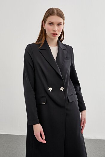 Zühre Double Breasted Collar Long Black Jacket C-0089