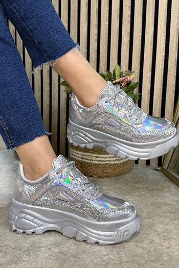 Nstil Casual Women's Sneakers - Hologram Silver Model, High Thick Sole and Bound in Good
