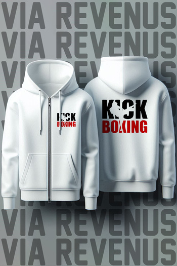 Vordevia Kick Boxing Front and Back Printed Unisex Zippered Hooded White Sweatshirt Cardigan