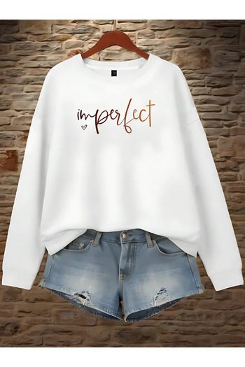 BEETON I'm Perfect White Oversize Φούτερ - Χοντρό Χειμώνα, Crew Neck