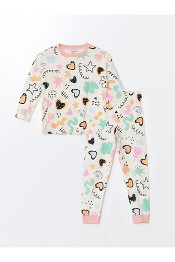 LC Waikiki Lcw Kids Printed Crew Neck Printed Long Sleeve Girls' Pajamas Set
